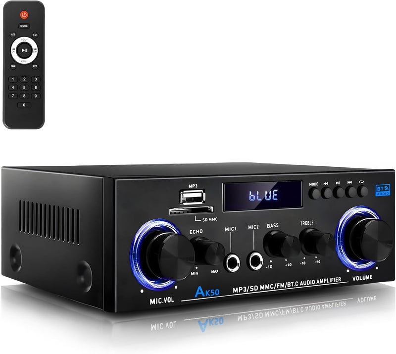 WOOPKER AK50 Amplifier Home Audio Stereo Receivers with Bluetooth 5.0,Max 500W,2.0 Channel Stereo Amplifier System for Home Theater Speakers,Garage,Home Amp with USB,SD,RCA,2 MIC in - Image 1